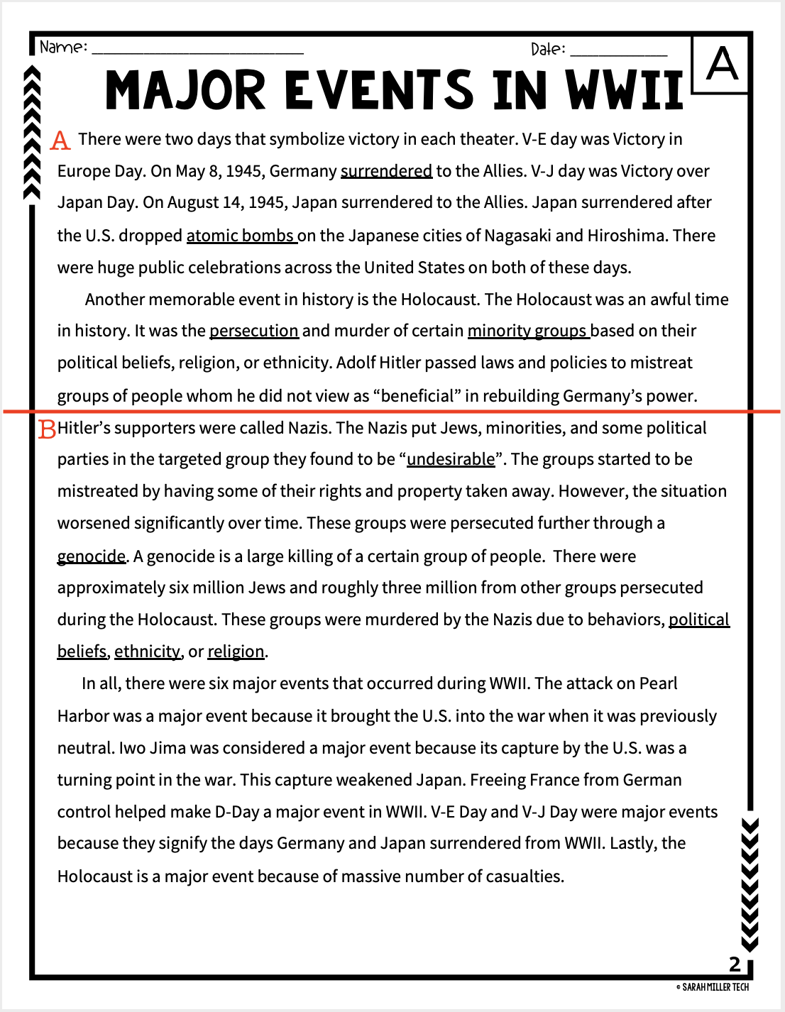 Page 2 of Major Events of WW2 Reading Packet