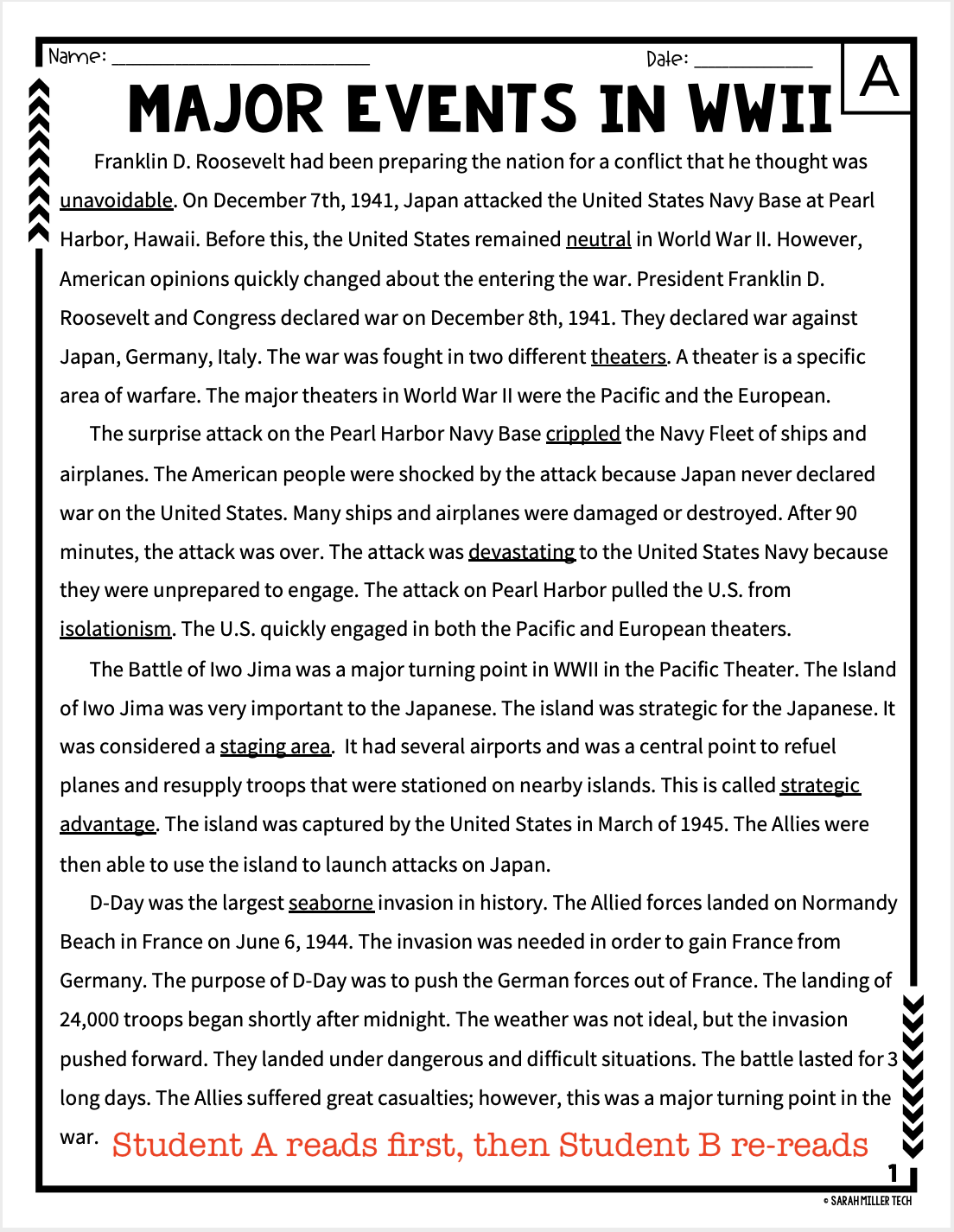Page 1 of Major Events of WW2 Reading Packet