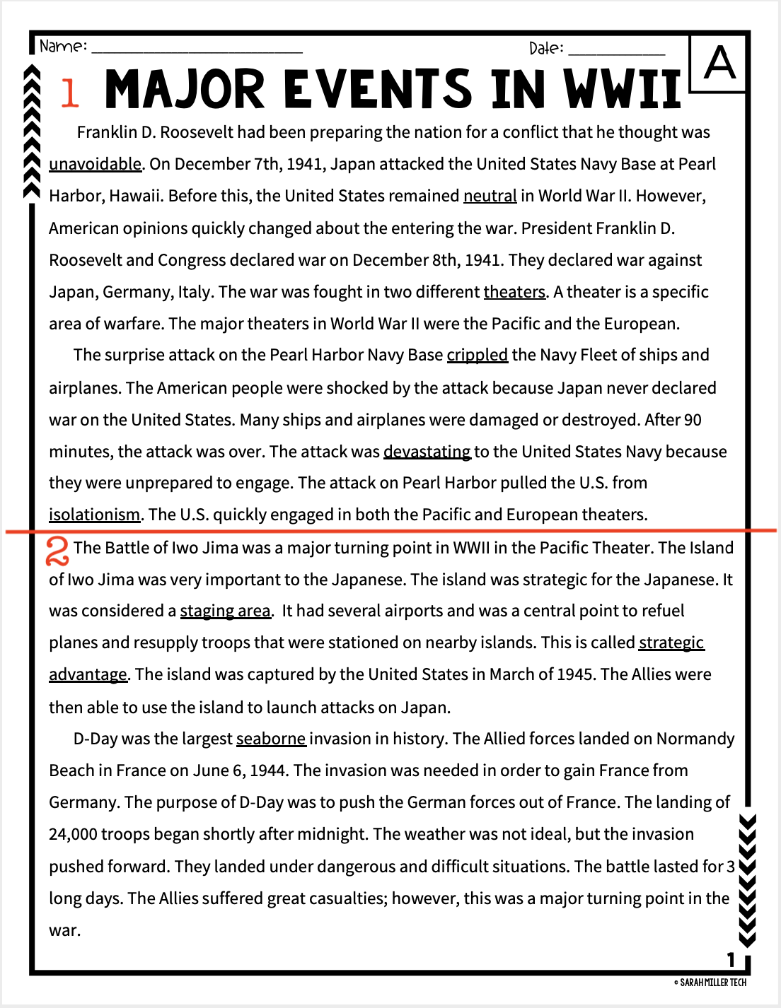 Page 1 of Major Events of WW2 Reading Packet