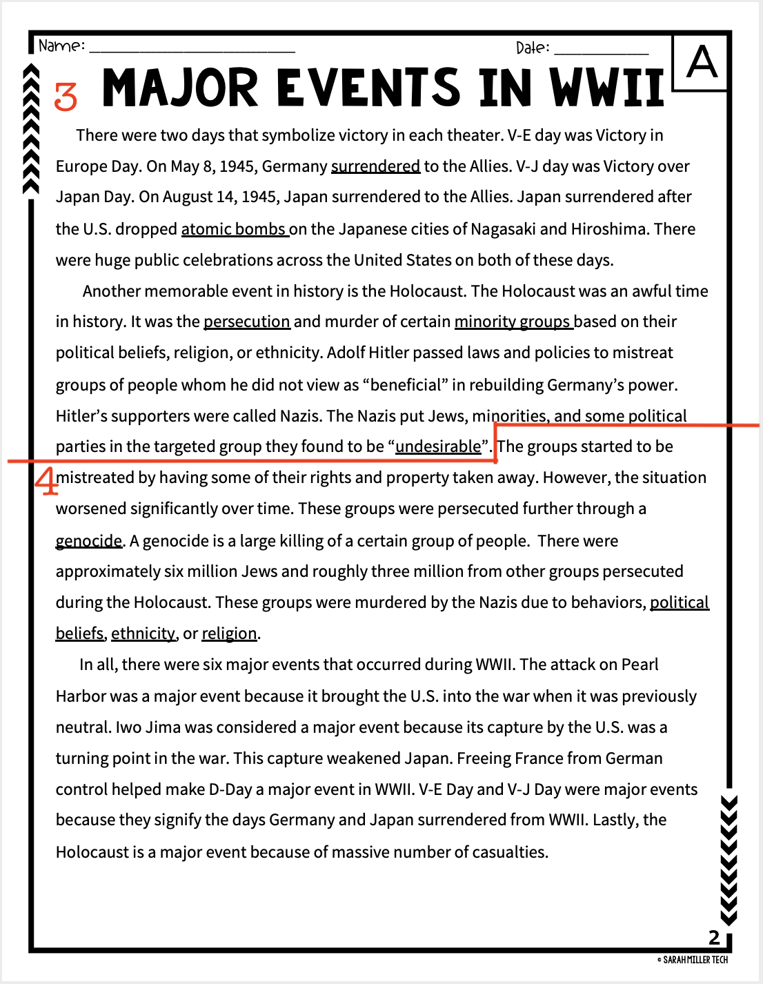 Page 2 of Major Events of WW2 Reading Packet