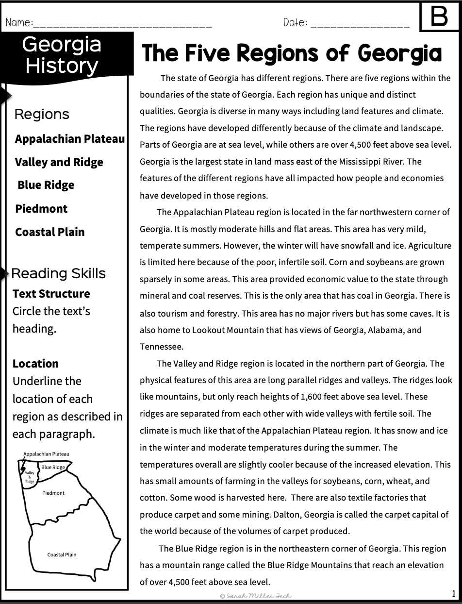 Nonfiction text discussing the characteristics of each region in Georgia