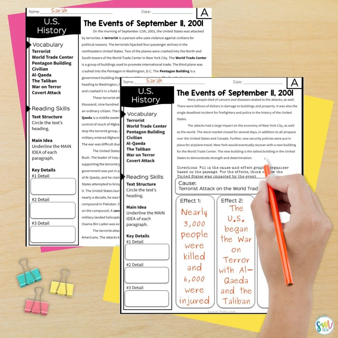 📣 Teachers! Grab this 9/11 Nonfiction Worksheet Packet now!

This is comprehensive enough to cover as part of a history unit, or you can pick and choose the worksheets to cover seasonally in ELA.

Resource Includes...
🇺🇸 Nonfiction Reading Passage